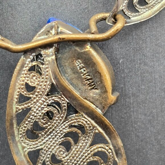 VTG West German Silver Filigree Necklace 16" Blue Glass Stone 1950s - Picture 6 of 13